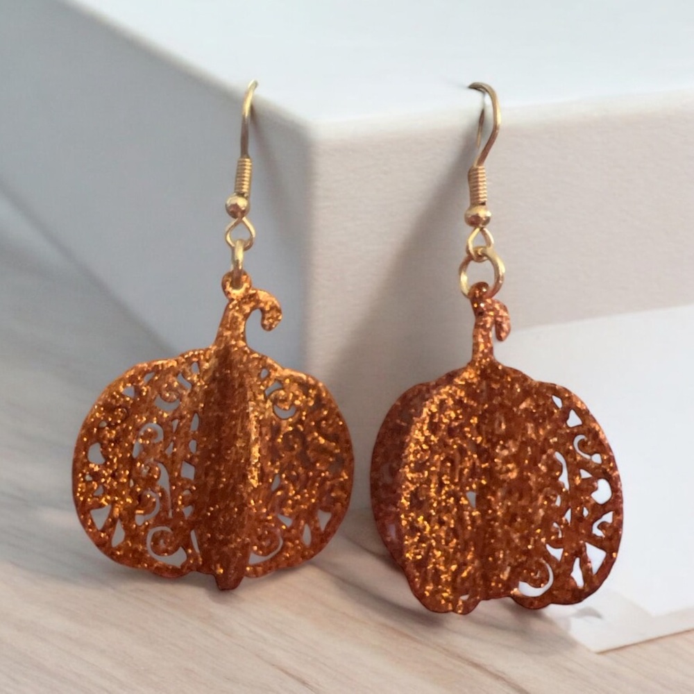 Orange Glitter Scroll Pumpkin Dangle Pumpkin Earrings